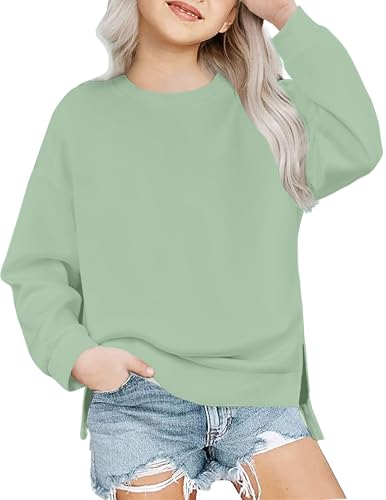 Image of Arshiner Girls Crewneck Sweatshirt Long Sleeve Pullover Tops Drop Shoulder Sweatshirts Side Split