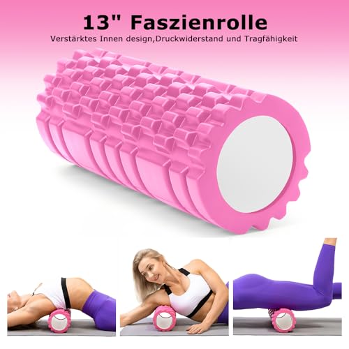 Faszienrolle, Qveetry 6 in 1 Foam Roller Faszienrolle Set mit Massageroller Stab, Widerstandsbänder Krafttraining, Massageball, Fitnessbänder, 33cm Schaumstoffrolle für Yoga Pilates, mit Poster (Rose)