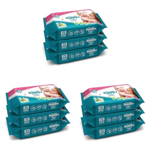 Image of Amazon Brand - Supples Baby Wet Wipes | 216 Wipes | 72 Wipes x 9 Packs | Enriched With Aloe Vera and Vitamin E | Alcohol-free and Paraben-free | Pure Water-Based Formulation
