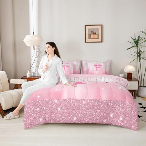 Image of Feelyou Boys Girls Pink Bowknot 7 Pieces Bedding Set Twin Size, Personalized Initial P Bed in A Bag Kids Princess Glitter Comforter Set with Sheets Bow Monogrammed Teens Bed Set Bedroom Decor 7Pcs