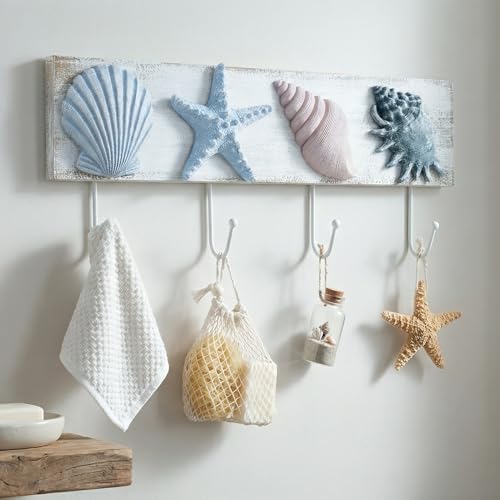 TideAndTales Beach Decor Seashell Wall Hooks Towel Rack for Bathroom, Bedroom or Kitchen | 4 Strong Hooks | Ocean Theme Beach House Decor - Image 2