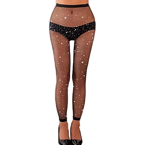 Abberrki Womens Sexy Sparkle Rhinestone Footless Fishnet Leggings High Waist Footless Tights (Black # 1) Cover