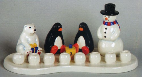 Israel Coins and Medals Corp. M-3698 Ceramic Winter Theme Menorah with Snowman and Penguins