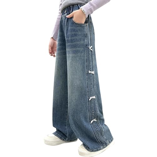 Rolanko Jean Baggy pour Filles, Taille Haute Élastique et Jambes Larges Pantalon en Denim de Bootcut Ample pour Enfants 6 à 15 Ans, Noeud Ruban, 6-7 Ans, 130