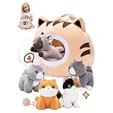 OUOZZZ Cat Stuffed Animal House – Plush Kitten Toy Set with 5 Soft Cats – Interactive & Travel-Friendly Kitties Carrier Playset for Toddlers & Kids – Huggable, Portable Birthday Gift for Baby Girls