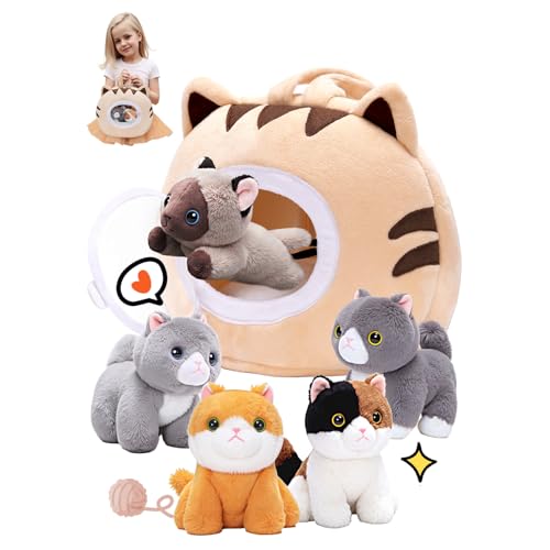 Image of OUOZZZ Cat Stuffed Animal House with 5 Soft Cat Toys for Kids, Portable Gift Set