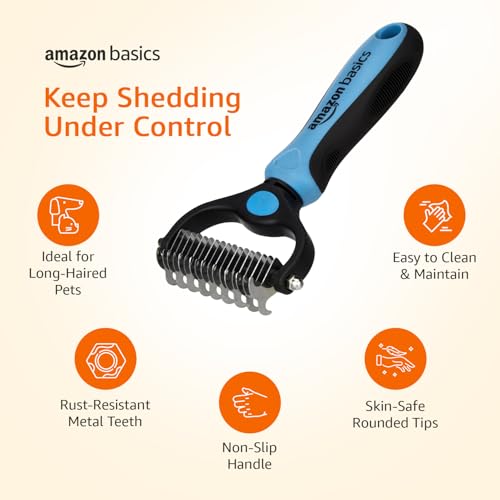 Image of Amazon Basics, Deshedding Tool with Rake for Pet Dog Grooming | Dematting Tool | Removes Loose Hair, Mats, Tangles, and Dirt | Suitable for All Dog Breeds | Large Blade