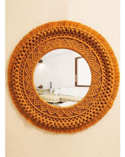 Image of Handmade Cotton Macrame Wall Hanging Glass Mirror with Boho Fringes, Bohemian Art Decorative Aina for Make-Up, Living Room, Bedroom (Rust Orange)
