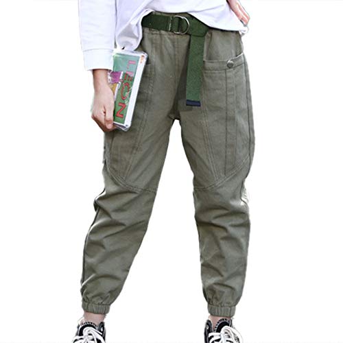 JanJean Kids Girls Teens Cotton Cargo Jogger Pants High Waist Loose Fit Pants with Pockets Street Hip Hop Dance Costume Green 1 4-5