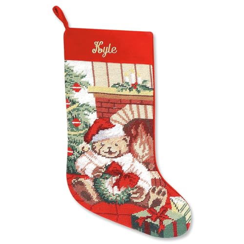 Lillian Vernon Personalized Heirloom Christmas Stocking Needlepoint Teddy Bear, 100% Wool, 9.5
