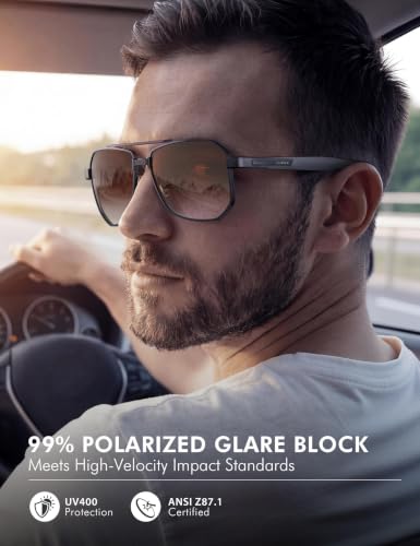 Image of Luenx Aviator Polarized Sunglasses for Men: Square UV400 Driving | Big Head Fit,Adjustable Nose Pads,Lightweight,Anti-slip,Impact-resistant,Scratch-Resistant,Glare Reduction,Gift-Ready Set