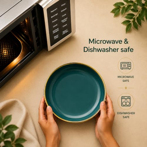 Image of Beyond Homes Ceramic Bowl Set of 2 | 20 cm Deep Serving Bowls | Microwave & Dishwasher Safe Glossy Ceramic Bowls for Pasta Ramen Soup Noodles & Salad | 650 ml Each, Teal Gold