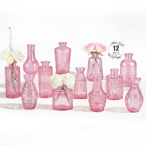 12 Pack Bud Vase in Bulk - BEAHOT Pink Flower Vases for Wedding Decorations Glass Vase for Table Decorations Small Vase for Home Mothers Day Centerpieces Party Office (Pink)