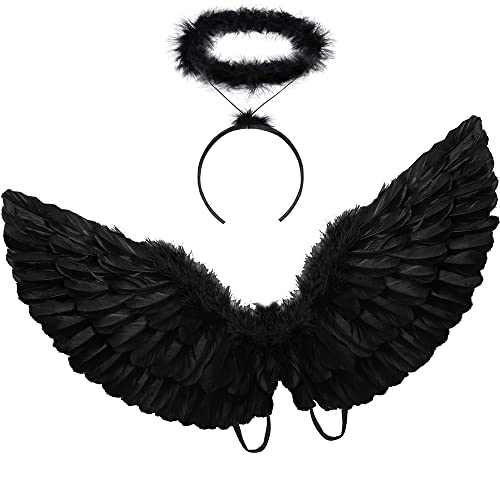 HANDIC Black Angel Costume Wings and Halo Adult Angel Costume Wings for Kids Girls Woman Halloween...