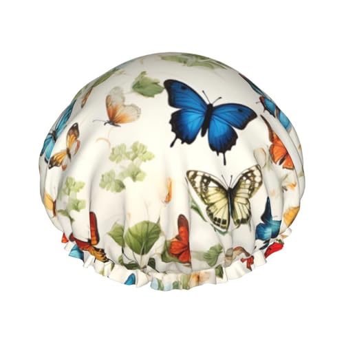 Gorro de ducha vintage con estampado de mariposa para mujer, doble capa, impermeable, elástico, reutilizable, protección para el cabello, para spa, salón de baño, damas