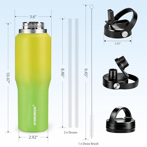 Image of HYDROWION Water Bottle Stainless Steel,Vacuum Insulated Leak Proof Tumbler 32oz with Straw Lid, Spout Lid and Flex Cap(Cold for 48 Hrs, Hot for 24 Hrs), Fit in Any Car Cup Holder, Yellow&Green