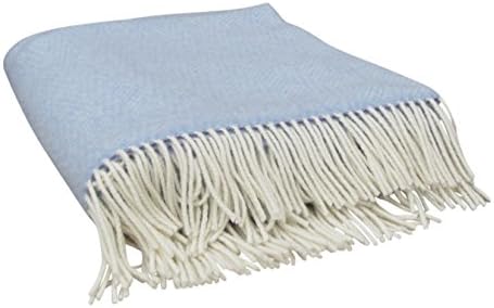 Large Merino Cashmere Wool Blanket by John Hanly & Co. Ireland- Luxuriously Plush, Decorative Irish Woolen Throw 54” x 71” Light Blue with Cream Fringe