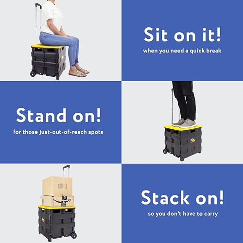 Image of dbest products Quik Cart Collapsible Rolling Crate on Wheels for Teachers Tote Basket 80 lbs Capacity, Made from Heavy Duty Plastic and Used as a Seat, Canary, Yellow
