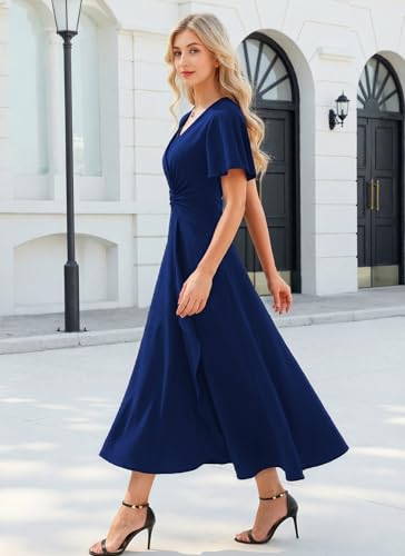 Image of QMZ Wedding Guest Dresses for Women V Neck Cocktail Dress Ruffle Sleeve A Line Evening Party Formal Dresses for Women