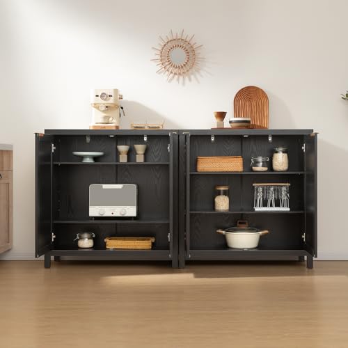 Image of SICOTAS Rattan Sideboard Buffet Storage Cabinet - 3 Pieces Boho Farmhouse Coffee Bar Cabinet Credenza Cabinet with Storage and Rattan Decorated Doors for Home Kitchen, Black
