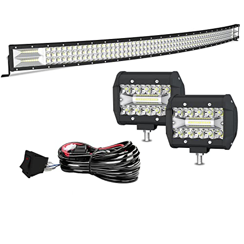 50" LED Light Bar Curved T-Former Triple Row 684W Flood Spot Combo Beam Off Road Lights 2pc 4inch 60W Spot Driving Fog Lights with Rocker Switch Harness Wiring for Trucks, ATV, UTV, Jeep, Boat, Pickup