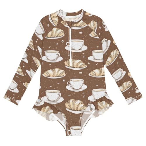 ALAZA Swimsuit for Girls Long Sleeve Rashguard Bathing Suit Croissants Coffee Cups Quick Dry 4T