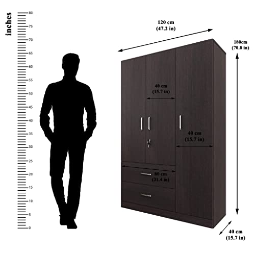 Image of VIKI Wardrobe | Wooden Almirah for Clothes,Door for Bedroom, 3 Door Wardrobe with Drawer & Hanging Space (Dark Wenge - 40D x 120W x 180H) | 1 Year Warranty | Free Assembly