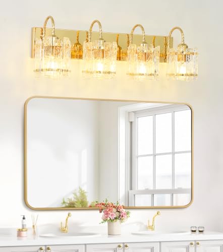 Image of 4 Light Bathroom Vanity Light, Gold Vanity Light with Glass Shade