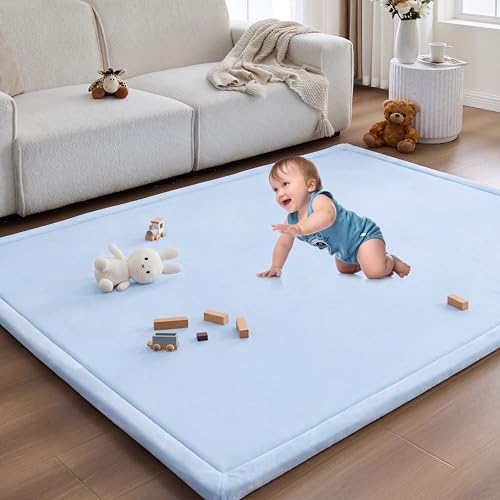 Image of Baby Play Mat for Floor Nursery Rug Muscle Area Playroom Rug Elastic Foam 50x50 inch Playpenmat Elastic Foam 1.3 inch Thick Crawling Mat for Babies,Toddlers, Infants, Kids(Ripple Light Blue)