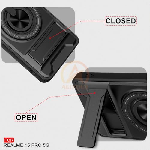 Image of Realme 15 5G / 15 Pro 5G Back Cover | Armor Camera Slider 360 Degree Rotating Finger Ring Holder Case with Bracket Stand Back Case Cover (Compatible with MagSafe Accessories) (Black)