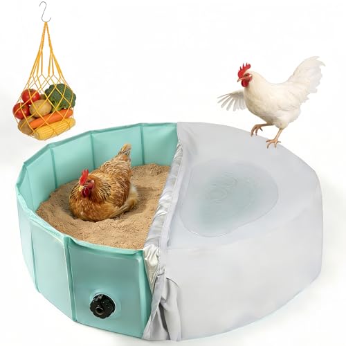 Dmnnlp Chicken Dust Bath Tub 32.3 D * 8 H Foldable Bathing Pool with Waterproof Cover & Feeder Net Dust Bath for Chickens & Duck Tub Dog Pool Multi-Pet Coop Accessory (Green)