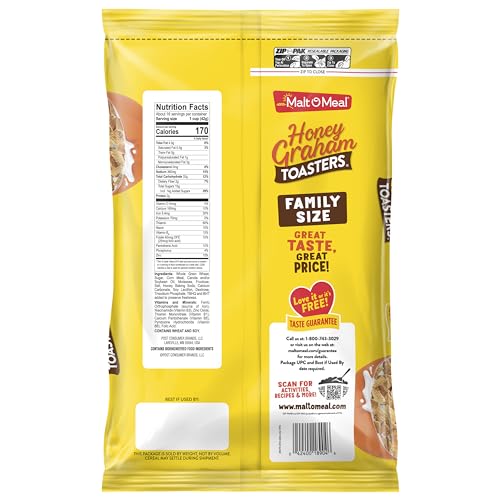 Image of Malt-O-Meal Honey Graham Toasters Breakfast Cereal, Honey Graham Cereal Squares, 24 OZ Resealable Bag (Pack of 4)
