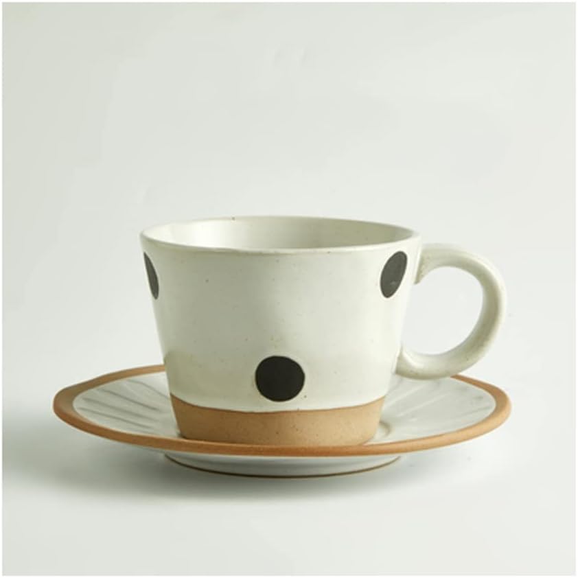 Retro Coffee Cup Cup Saucer Set Japanese Home Breakfast Cup Ceramic Wave Point Cup (White) (Yellow)
