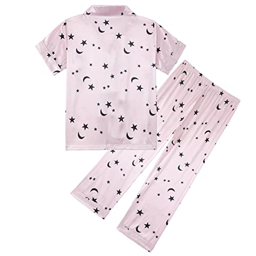 Girls Kid Silk 𝐏ajamas Sets Short Sleeve Button Shirts Tops Pants Outfits Satin 𝐏js Trendy Preppy Cute Summer Loung𝐞wear3