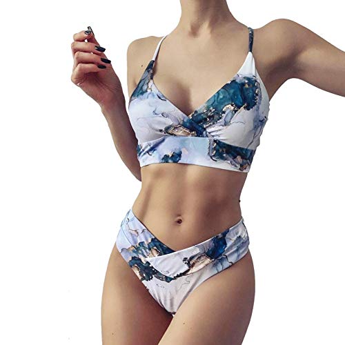 Modonghua Conjunto de traje de baño de dos piezas, mujeres de cintura alta moda push up bikini traje de baño sexy bikini de verano traje de baño estampado de mármol Cover