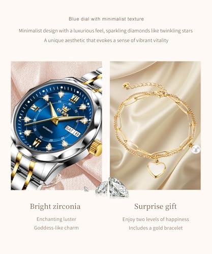 Image of OLEVS Women Watches Automatic Mechanical Set Casual Diamond Dress Ladies Self Winding Two Tone Wrist Watch Date