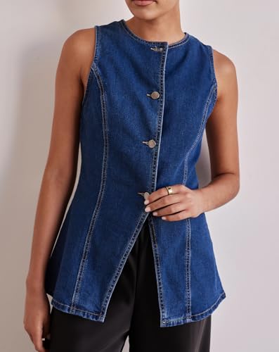 Women’s Long Denim Vest Waistcoat Vest Sleeveless Button-Up Back Slit Jean Jacket Vest Y2k Clothes3
