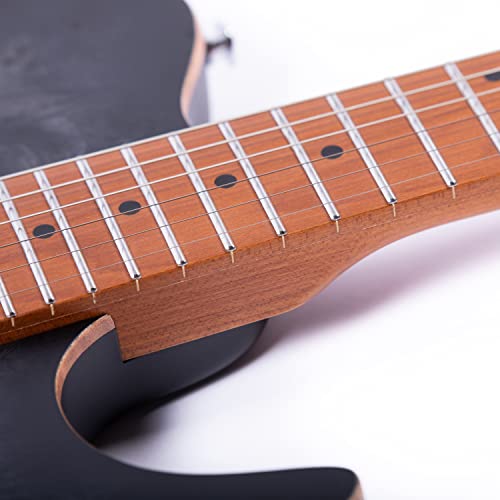 Volgoa Vtl-2 Solid Body 6 String Electric Guitar, Roasted Maple Neck, Mahogany Body, Matte Burl Figure Veneer, And Coil Splitting Pickup (Black) #TOP7