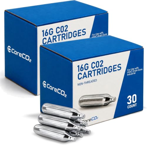CoreCo2 16 Gram CO2 Cartridges for Drain Gun HVAC Drain Line Cleaner Tool | High Pressure Air Blaster Cartridges for Clogged Pipes | Unthreaded Cartridge | Gallo Tool Not Included 30 Pack (60)