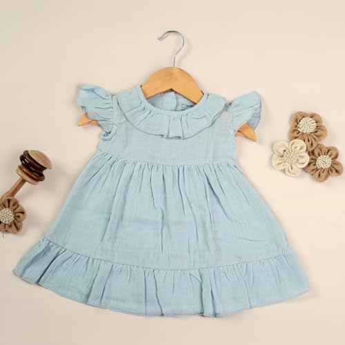 Image of Kidbea Baby Girls' Cotton Dress | Comfortable, Trendy Ruffled Sleeves & Hem, Soft Breathable Fabric for Everyday & Special Occasions