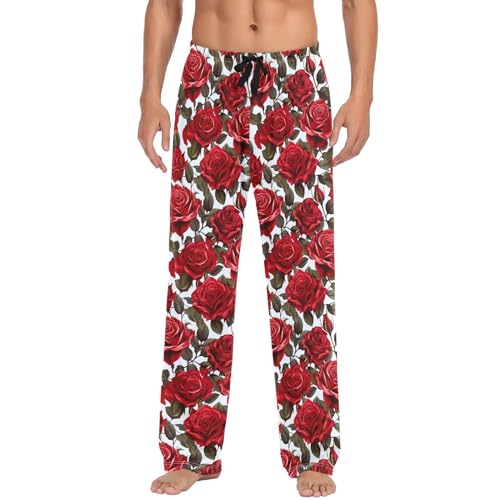 Men's Red Roses Pajama Pants with Pockets,Cotton Sleep Lounge Pant Men Pajama Bottoms S2