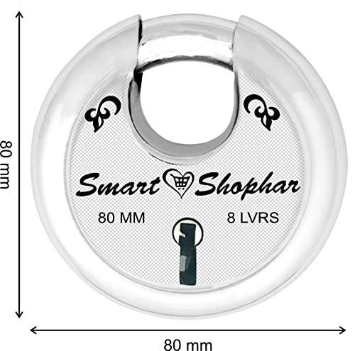 Image of Smart Shophar Heavy Duty Metal Fitting Steel Zip Action Medium Disc Shutter Lock 80 MM Silver, with Keys /Multipurpose Hardened Shackle Padlock for Door, Gate, Shutter and Home