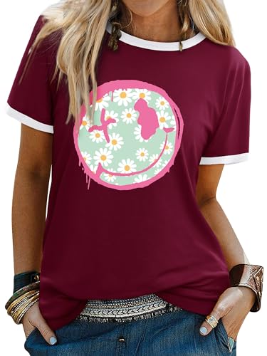 Image of WIEIYM Women's T-Shirts Crew Neck Short Sleeve Ladies T Shirts Casual Summer Tops Smile Face Printed Tee Shirts Blouse S-XXL
