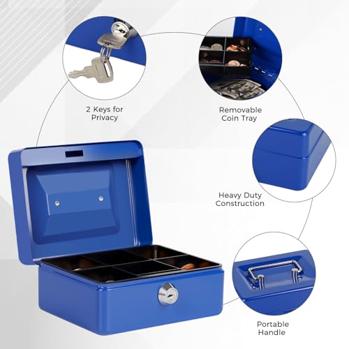 Image of Small Cash Box with Money Tray and Lock, Metal Cash Lock Box with Key, Petty Cash Box for Money 5.9 x 4.7 x 3.1 Inches Blue