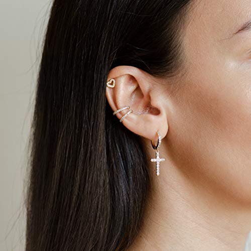 Lavla Silver/Gold Cross Hoop Earrings - 14K Gold Plated Cubic Zirconia Pave Small Hoop Earrings With Dangle Cross For Women Men (Gold/Clear Cz) #TOP1