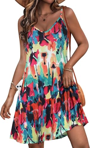 JOELLYUS Womens Summer Dresses Spaghetti Strap Sundress Casual Beach Cover Ups Swing Dress with Pockets (COLRD,L)
