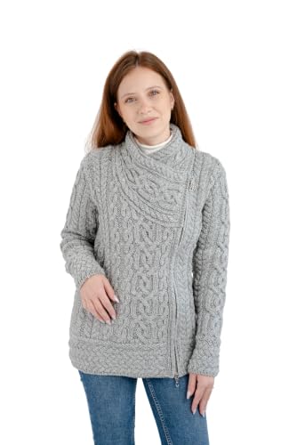 Image of SAOL Irish Cardigan for Women Made of 100% Merino Wool Ireland Sweater Cable Knit Zip Jacket