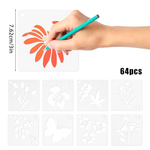 Mocrop 64 Stücke Tiere Blumen Wiederverwendbar Malvorlagen Schablonen 7.6×7.6cm Malen Journaling Zubehör Blätter Vogel Zeichnung Malschablonen Zeichenschablonen Kinder für Bullet Journal Scrapbooking