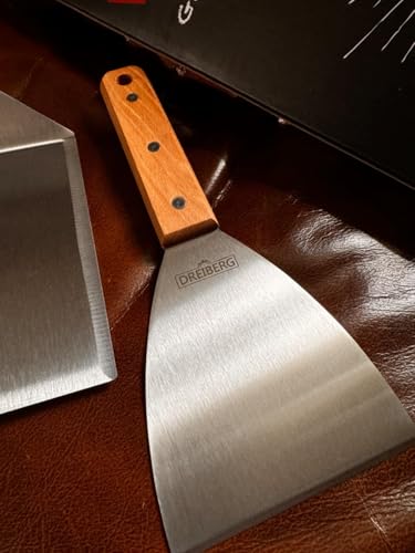 DREIBERG® Grillspachtel Set mit Buchenholz und Edelstahl inkl. 20 STK. Burgerpapier - Grill Pfannenwender für Smash Burger Set ideal als Smashed-Burger-Presse