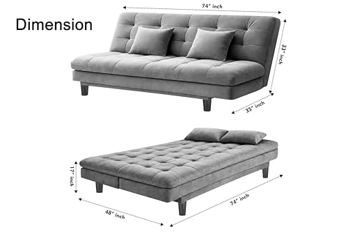 Image of 3 Seater Velvet Sofa Cum Bed, Tufted Convertible Sleeper Couch, Space-Saving Design, Comfortable Cushioned Seating - Grey Color